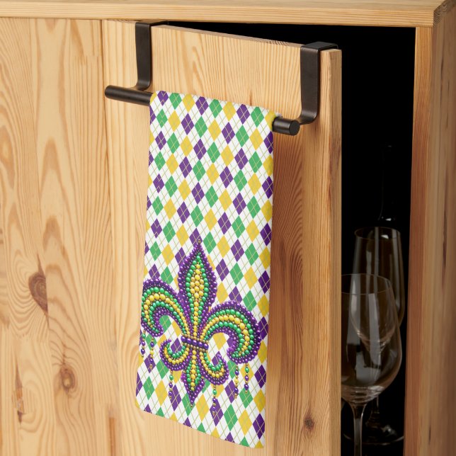 Paño De Cocina Verde morado Mardi Gras fleur de lis (Pliegue de tercios)