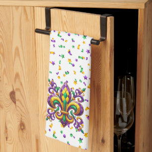 Paño De Cocina Verde morado Mardi Gras fleur de lis