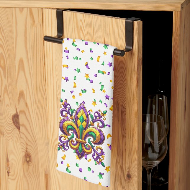 Paño De Cocina Verde morado Mardi Gras fleur de lis (Pliegue de tercios)