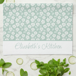 Paño De Cocina Verde Salvia Pastel Claro Flores Bohemias Blancas