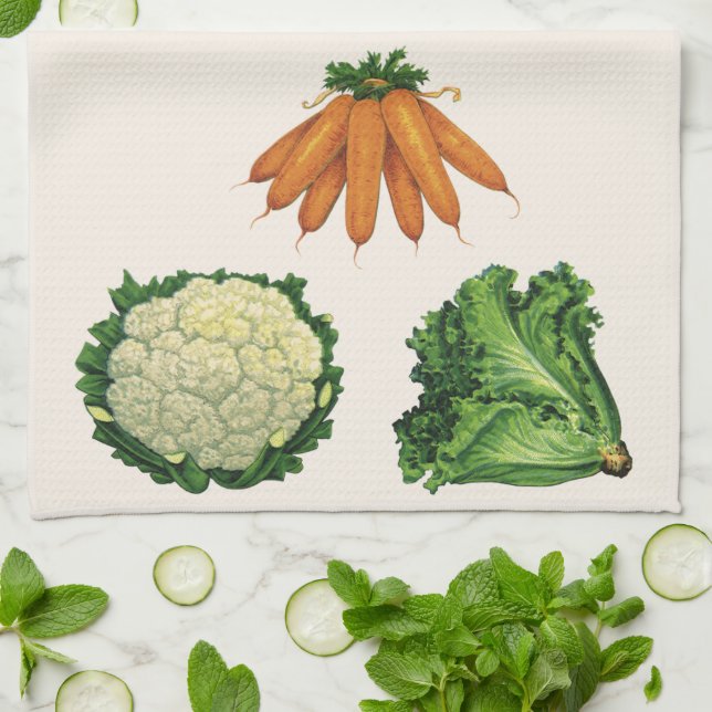 Paño De Cocina Verduras antiguas; Zanahorias, Coliflor, Lechuga (Doblado)