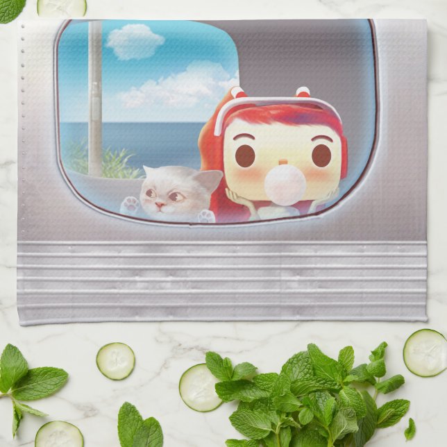 Paño De Cocina Viaje en tren con gato (Doblado)