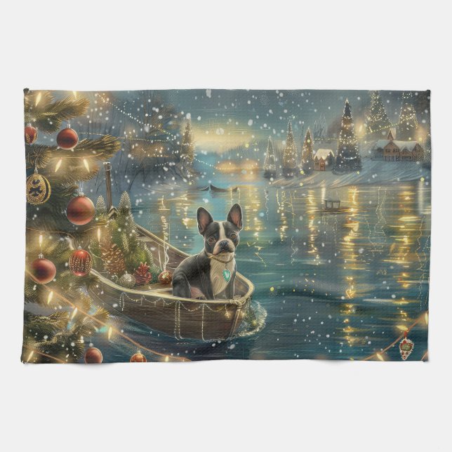 Paño De Cocina Viaje festivo de los Navidades de Boston Terrier (Horizontal)
