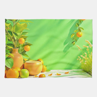 Paño De Cocina Vibrant Orange Green Still Life Design
