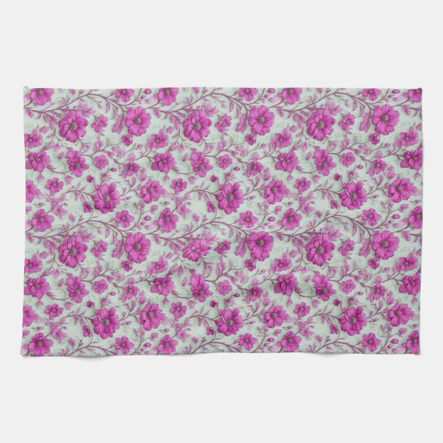 Paño De Cocina Vibrant Pink Floral Pattern With Magenta Flowers (Horizontal)
