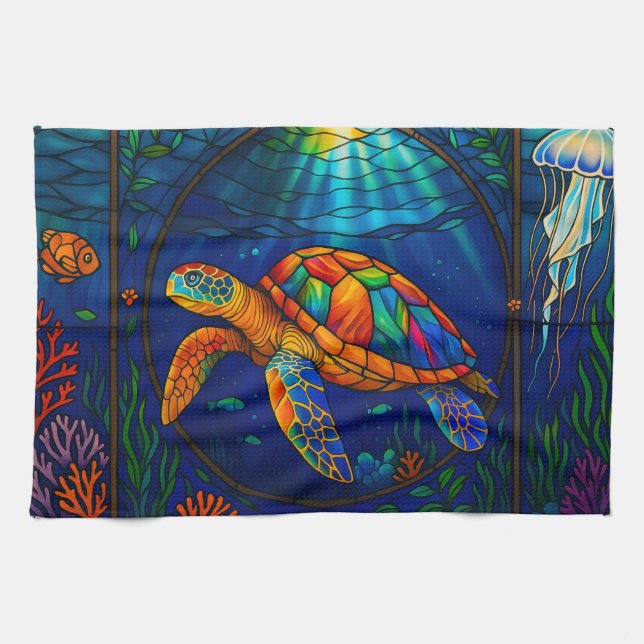 Paño De Cocina Vibrant Stained Glass Sea Turtle Ocean Design (Horizontal)