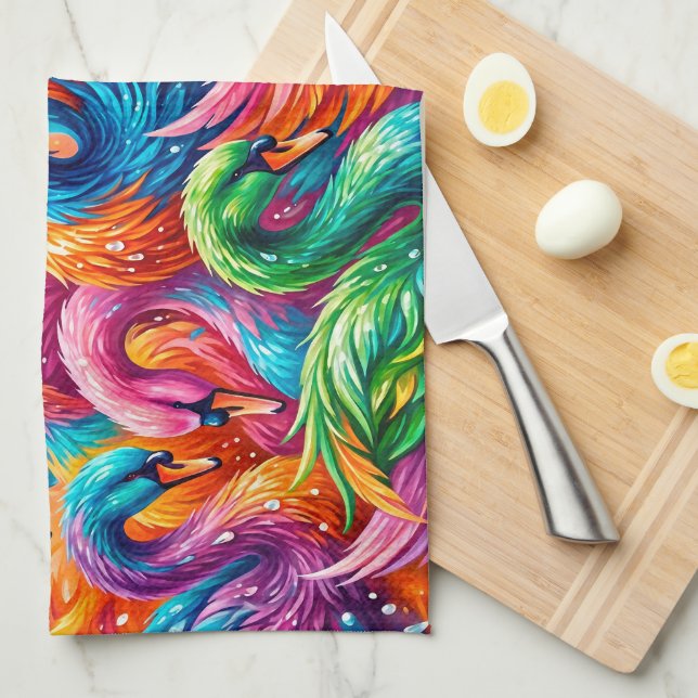 Paño De Cocina Vibrante paisaje de sueños de cisne – Boho psicodé (Doblado Cuarto)