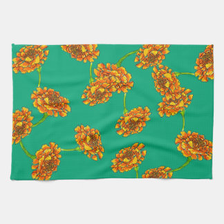 Paño De Cocina Vibrantes Marigolds Naranjas sobre Turquesa Brilla