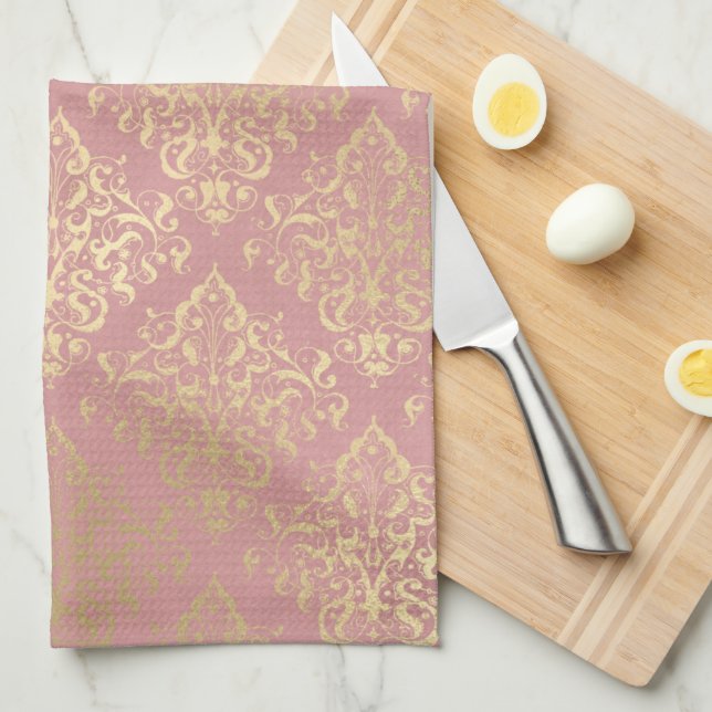 Paño De Cocina Victoriano de época dorada y rosa Damask (Doblado Cuarto)