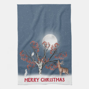 Paño De Cocina Vida silvestre de invierno en Navidad con luna