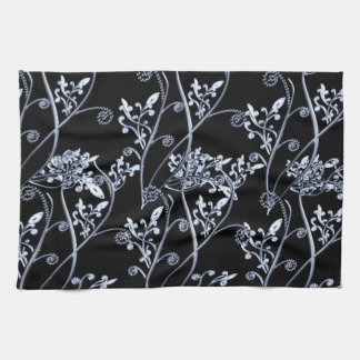 Paño De Cocina Vides de plata azules de la flor en negro