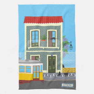 Paño De Cocina Vieja casa de Lisboa con gatos y tranvía amarillo