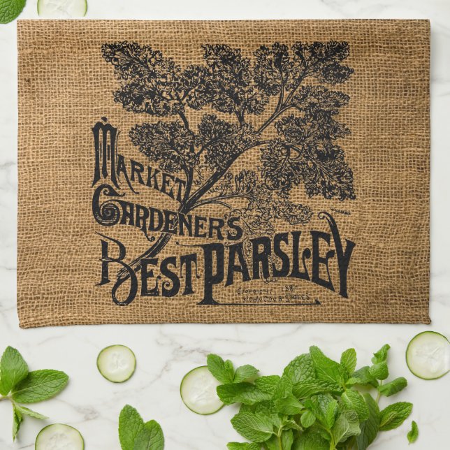 Paño De Cocina Vieja Rústica Faux Burlap Parsley Herb Sack (Doblado)