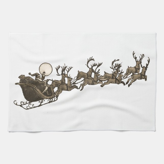 Paño De Cocina Vieja Sepia Santa Sleigh Reindeers (Horizontal)