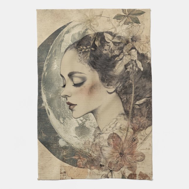 Paño De Cocina Viejo Boho Sideview mujer y luna creciente (Vertical)