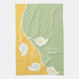 Paño De Cocina Vino floral de polka verde amarillo personalizado