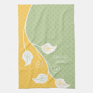 Paño De Cocina Vino floral de polka verde amarillo personalizado