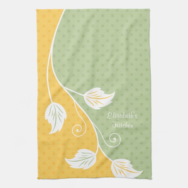 Paño De Cocina Vino floral de polka verde amarillo personalizado (Vertical)
