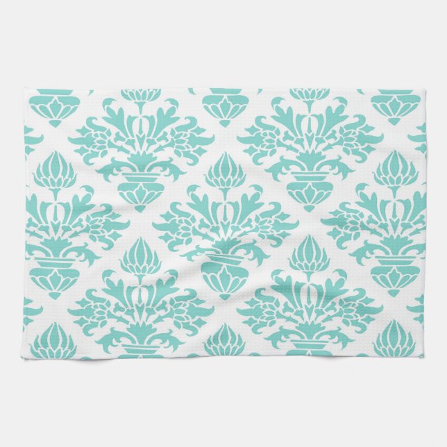 Paño De Cocina Vintage Aspecto Aqua Damasco Floral, Fondo Blanco (Horizontal)