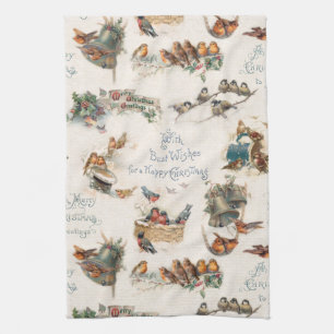 Paño De Cocina Vintage Aves de Nieve y Saludos de Navidad
