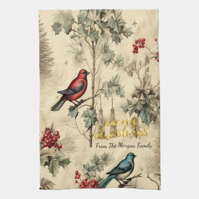 Paño De Cocina Vintage Christmas Birds Holly Berry (Vertical)