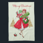 Paño De Cocina Vintage Christmas Lady presenta el oro verde rojo<br><div class="desc">Navidades como se veía en los años 50 con esta obra de arte retro de una mujer vestida con un vestido de falda completa y rojo.</div>