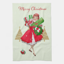 Paño De Cocina Vintage Christmas Lady presenta el oro verde rojo