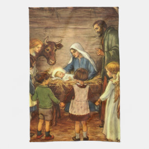 Paño De Cocina Vintage Christmas, Religious Nativity w Baby Jesus