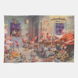Paño De Cocina Vintage Christmas, Santa Claus con Elves Workshop
