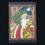 Paño De Cocina Vintage Christmas, Santa Claus Deer en la selva<br><div class="desc">Ilustracion de época de estilo victoriano Feliz Navidad. Imagen de Santa Claus que muestra a San Nicolás cargando un árbol de Navidad y picando un ciervo en el bosque, una luna llena en el cielo nocturno. Un alegre Papá Noel está llevando un saco lleno de juguetes y muñecas en la...</div>