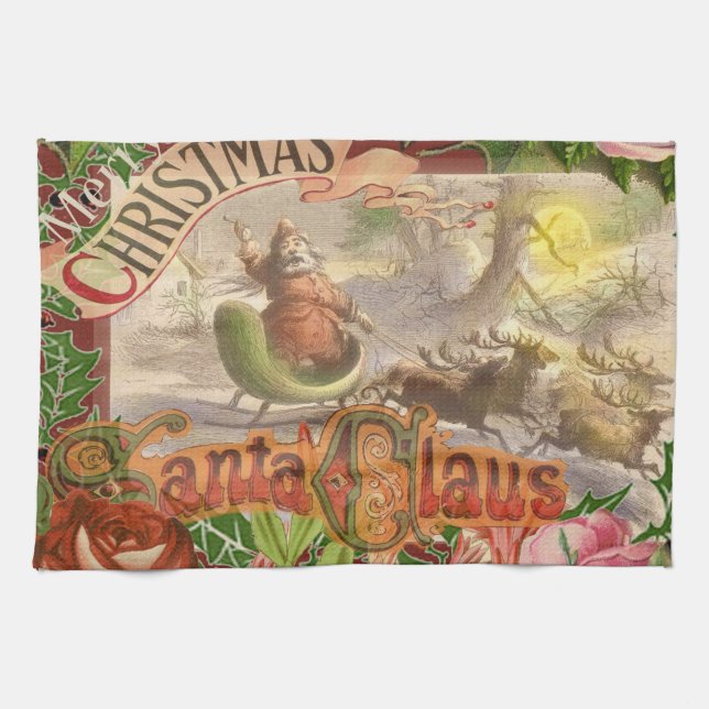 Paño De Cocina Vintage Christmas Santa Claus Sleigh (Horizontal)