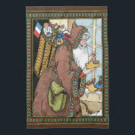 Paño De Cocina Vintage Christmas, Santa Claus Toys Clogs Shoes<br><div class="desc">Ilustracion de época de estilo victoriano Feliz Navidad Santa Claus imagen de San Nicolás vestido con un abrigo marrón sujetando a un naranja en un zapato de taquilla de madera. Lleva un saco lleno de juguetes y una bandera francesa en la espalda. Hay más zapatos con juguetes, caramelos y naranjas...</div>