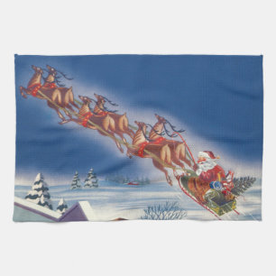 Paño De Cocina Vintage Christmas, Santa Flying Sleigh w Reindeer