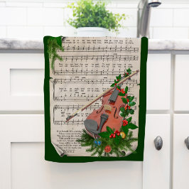 Paño De Cocina Vintage Christmas Sheet Music con violín festivo