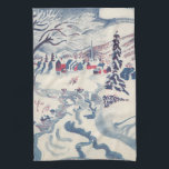 Paño De Cocina Vintage Christmas, Snowscape con Winter Village<br><div class="desc">Ilustracion Vintage Victorian Era Feliz Navidad navideña diseño de temporada de invierno con un pueblo nevado. Un río helado recorre el bosque,  los árboles están cubiertos de nieve y el hielo y las montañas están a lo lejos. ¡Felices fiestas y saludos de temporada!</div>