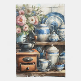 Paño De Cocina Vintage Coffee Cup Pot Plate Blue