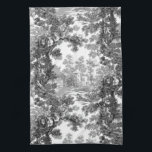 Paño De Cocina Vintage Cottage Landscape Toile-Black & White<br><div class="desc">Clásico paisaje vintage de estilo toile de jouy con una casa de campo rústica y un puente en un claro enmarcado por un bosque de árboles en tonos negros y grises sobre fondo blanco. El patrón no tiene fisuras y puede ampliarse o reducirse.</div>
