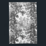 Paño De Cocina Vintage Cottage Landscape Toile-Black & White<br><div class="desc">Clásico paisaje vintage de estilo toile de jouy con una casa de campo rústica y un puente en un claro enmarcado por un bosque de árboles en tonos negros y grises sobre fondo blanco. El patrón no tiene fisuras y puede ampliarse o reducirse.</div>