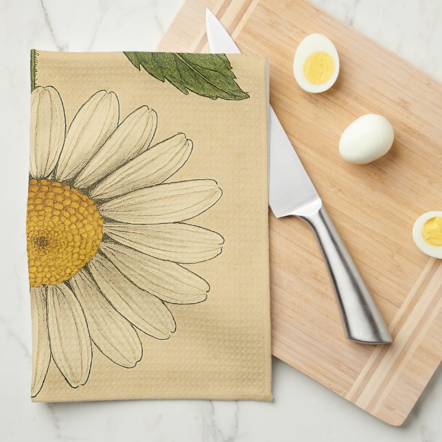 Paño De Cocina Vintage Daisy on Weathered Paper (Doblado Cuarto)