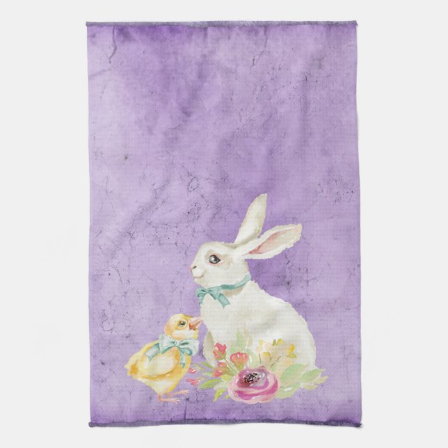 Paño De Cocina Vintage Easter Bunny Chick Purple Bonito (Vertical)