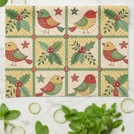 Paño De Cocina Vintage Folk Art Christmas Birds & Holly Berry