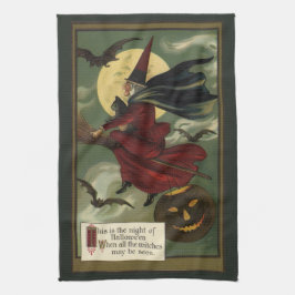 Paño De Cocina Vintage Halloween Witch Riding Broomstick con gato