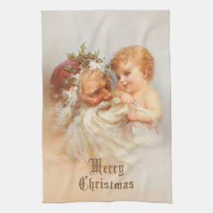 Paño De Cocina Vintage Papá Noel con el niño sonriente