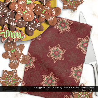 Paño De Cocina Vintage Red Navidades Holly patrón estrella celta
