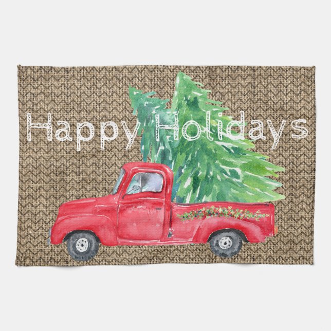 Paño De Cocina Vintage Red Truck Happy Holidays (Horizontal)