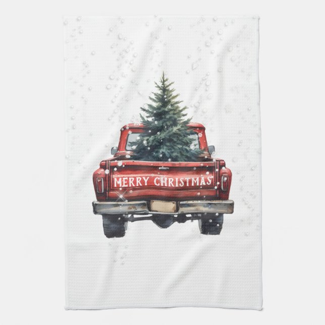 Paño De Cocina Vintage Red Truck Merry Christmas (Vertical)