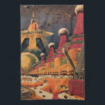 Paño De Cocina Vintage Science Ficción Futurista City Volador Aut<br><div class="desc">Imagen de ficción de ilustracion de viajes y transporte con historietas clásicas retro de ciencia ficción en un entorno urbano con una ciudad del futuro. Los edificios arquitectónicos tienen forma de conos y los vehículos vuelan en el cielo como pájaros mientras las multitudes se mueven a través de la metrópolis....</div>