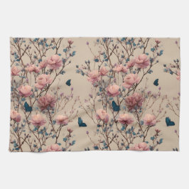 Paño De Cocina Vintage Spring Roses with Blue Butterflies