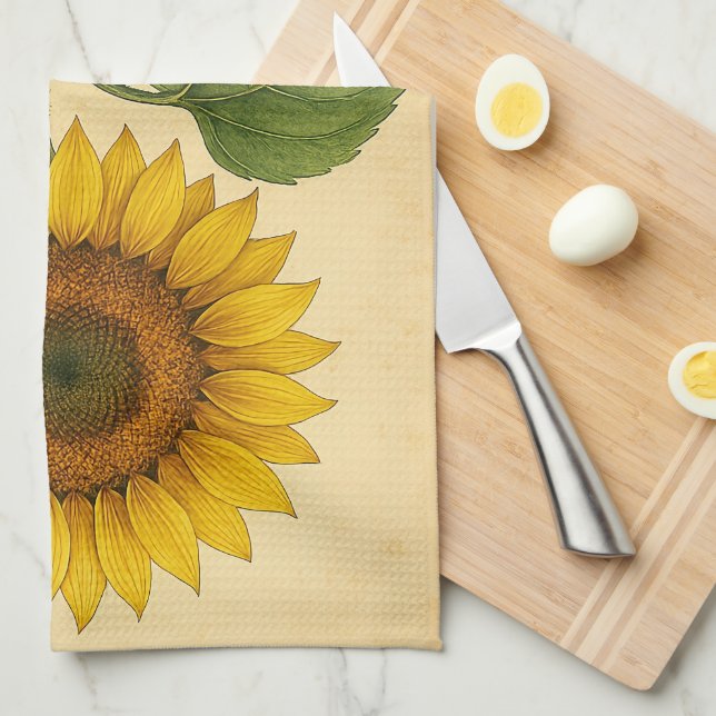 Paño De Cocina Vintage Sunflower on Weathered Paper (Doblado Cuarto)