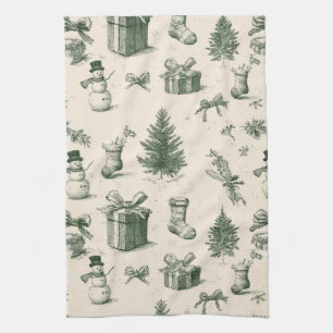 Paño De Cocina Vintage Verde Salvia Toile de Navidad (2)